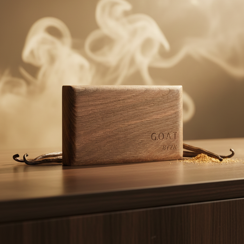 Wooden block with 'G.O.A.T. BYZK' branding on a wooden surface with vanilla beans and smoke effect.