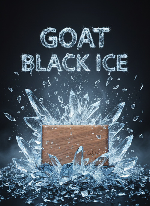 G.O.A.T BYZK Black Ice car air freshener displayed with exploding ice shards and cold vapor effects, showcasing a powerful and refreshing scent.