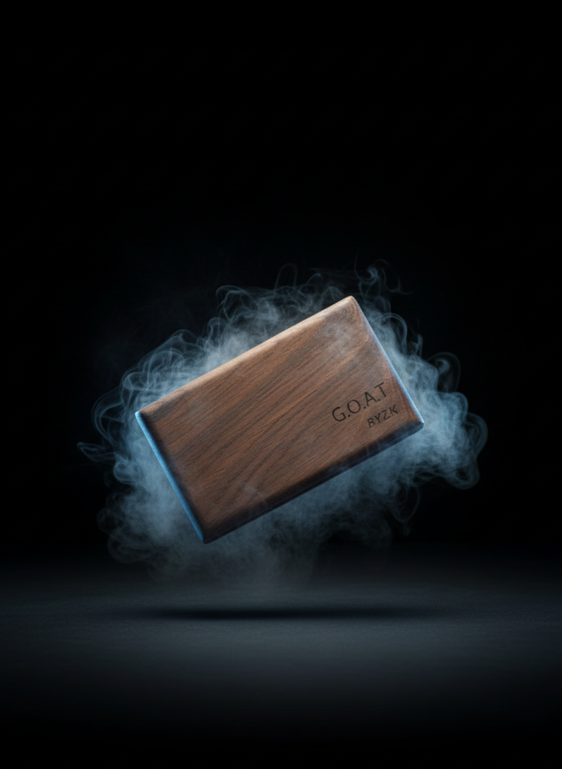 G.O.A.T BYZK Black Ice — premium American walnut car freshener floating in smoke effect, luxury minimalist product shot.