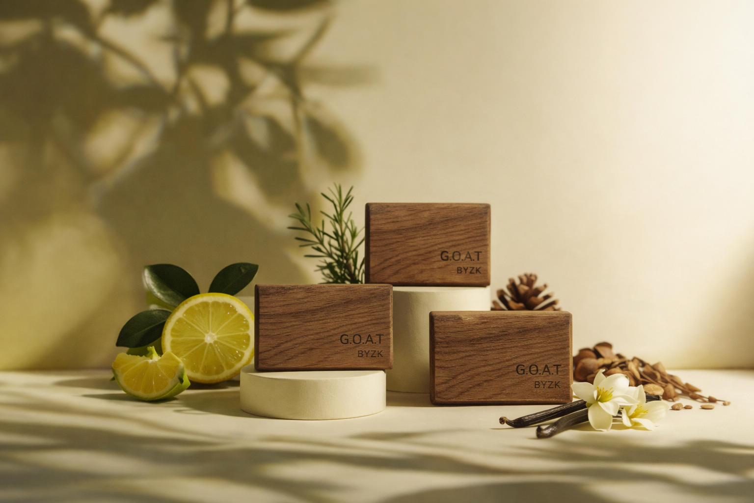 Handcrafted wooden car air fresheners made from American Black Walnut, styled with vanilla pods, citrus, and natural elements – GOAT BYZK